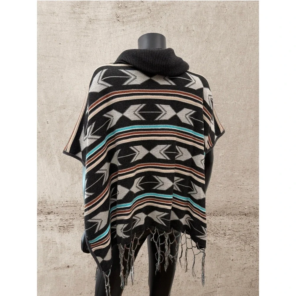 Michael Michael Kors Southwest Aztec Fringe Cowl‎ Neck Poncho Sweater S/S